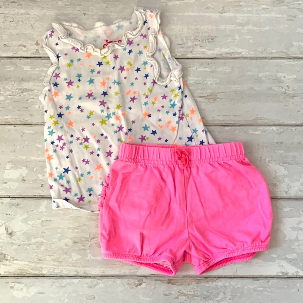 Girls 18m Outfit Summer Set Hot Pink Shorts Stars Print Shirt Tank Top